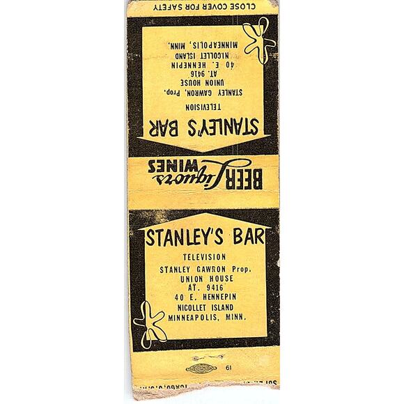 None Other - Stanley's Bar Stanley Gawron Minneapolis MN Vintage Matchbook Cover SC7-Y1